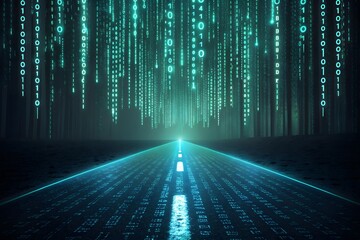 A futuristic blue tunnel of glowing binary code representing digital data and technology