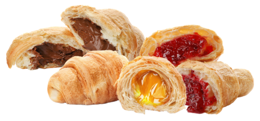 a delightful assortment of golden-brown croissants filled with rich chocolate and sweet fruit preserves, presented artistically on a neutral background for bakery and cafe themes.