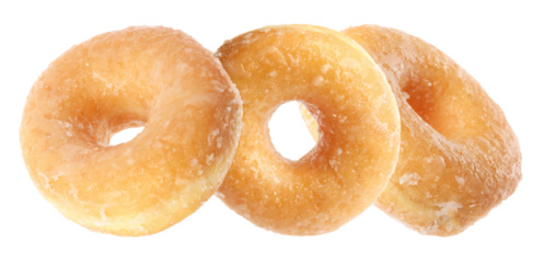 three glazed donuts arranged in a row, isolated on a transparent background, showcasing their golden-brown crust and sweet, shiny glaze, perfect for bakery advertising or food blogs.