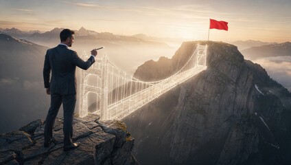 Business goal and success concept. A businessman stands on a rocky peak overlooking a flag and a bridge.