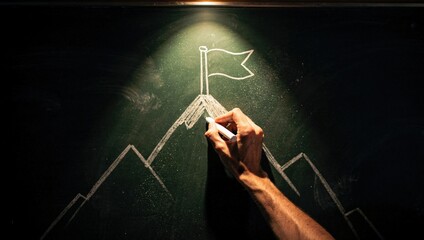 Business goal and success concept. Drawing a mountain with a flag on a chalkboard.