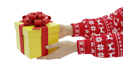 Hands giving a yellow gift box with red ribbon and bow, wearing a Christmas sweater