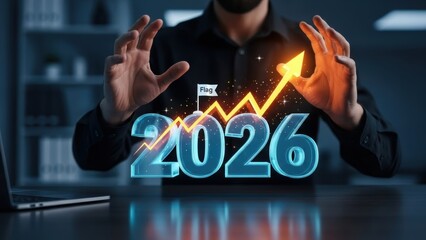 Businessman hands presenting digital hologram of year 2026 with rising arrow graph and flag goal icon concept of financial success