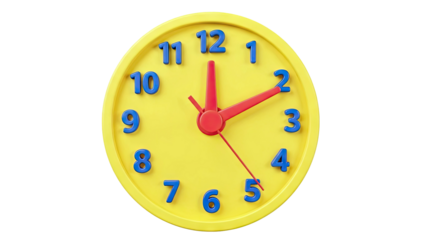 Yellow children's clock with blue numbers and red hands