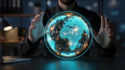 Businessman hands holding glowing digital earth globe hologram with network connection lines concept of global business and communication
