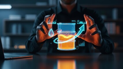 Businessman analyzing digital hologram of oil barrel with rising arrow graph concept of increasing energy prices and market growth