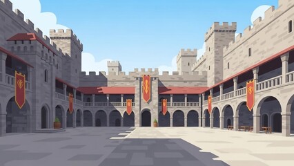 Medieval castle courtyard with stone walls and arched walkways.