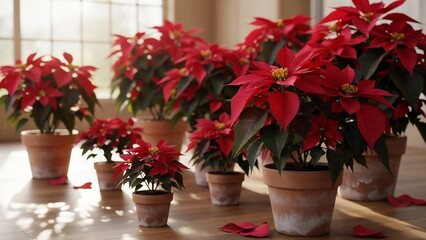 Potted Poinsettia Plants on a Wooden Table with Natural Light.
