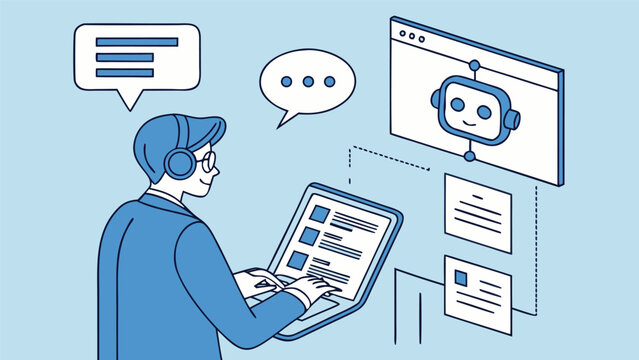 Conversational AI illustration with virtual chat assistant, automating customer support and business processes, businessperson working on laptop.