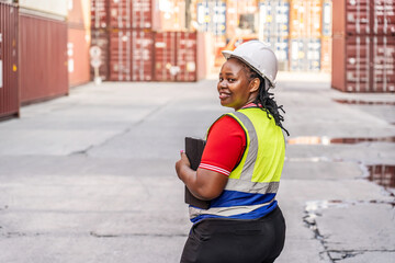 A confident Black female logistics supervisor wearing a hard hat and safety vest, holding a digital tablet while standing in a shipping container terminal at a busy industrial port during daytime.