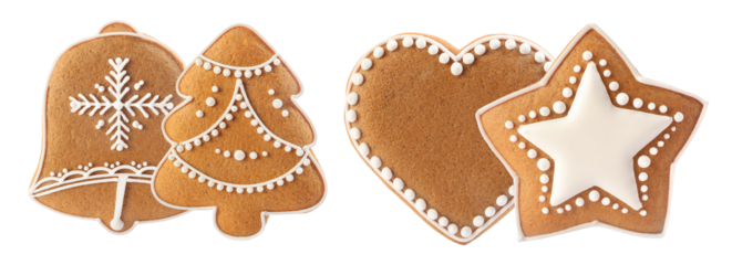 festive christmas gingerbread cookies in various holiday shapes including a bell, christmas tree, heart, and star, expertly decorated with white icing for a delightful seasonal celebration.