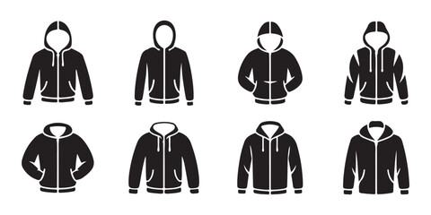 Collection of black hooded sweatshirts with zippers and pockets. © Safali