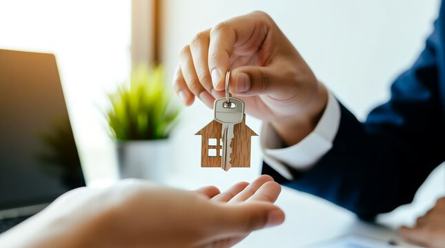 Real estate agent handing over house key to new homeowner during closing