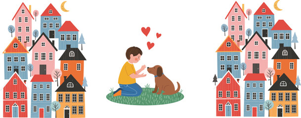 Cute boy playing with dog between colorful city houses illustration, friendship, neighborhood life, flat vector design © Sumon Creative