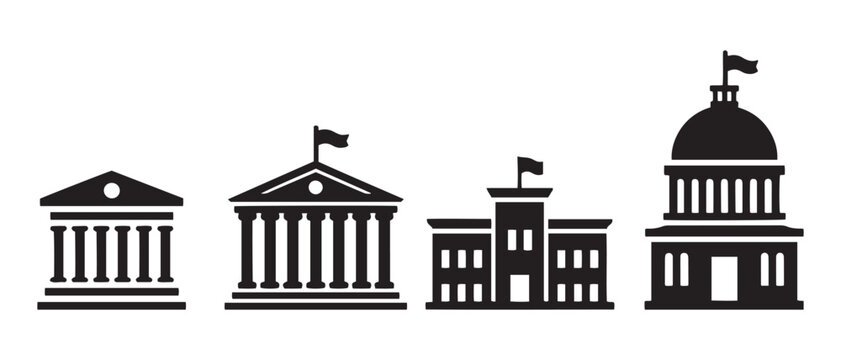 Iconic representation of government and official buildings with classical and modern architectural styles.