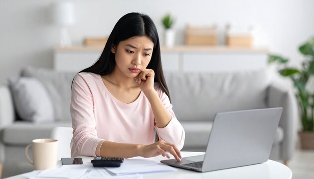A concerned young woman with dark hair sits at a desk, looking intently at a laptop while pondering papers, a calculator, and a mug