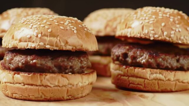 Delicious mini burgers with sesame seed buns, perfect for a party or snack.