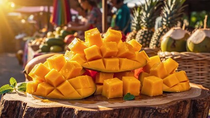 Exotic Mango Display at a Vibrant Outdoor Market: Fresh Tropical Fruit Delights in the Sun,