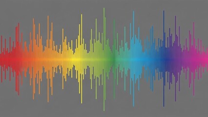 Rainbow colored sound wave graphic on gray background.