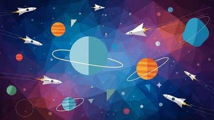 Colorful Space Scene with Planets and Spacecraft.
