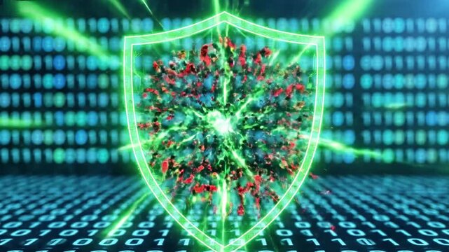 A green shield with a red virus cell in the center on a background of blue and green binary code