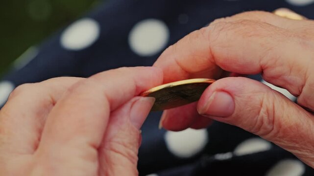 Close up of senior hands rotating shiny bitcoin coin, daylight slow motion