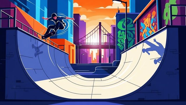 Skateboarder performing a trick on a halfpipe in a vibrant cityscape.