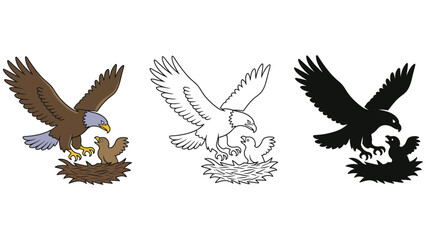 Obraz premium A mother eagle protects her young in a nest with three variations