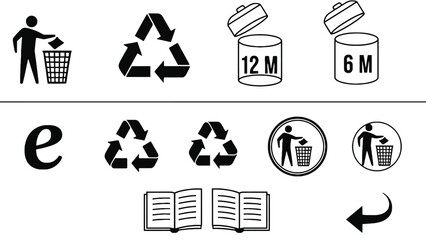 A collection of recycling and trash icons with educational materials