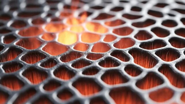 Abstract visualization of fire behind a metal grid creating a mesmerizing effect, suitable for a