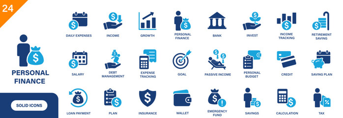 Personal finance icon. Includes income tracking, credit, retirement saving, debt, wallet, passive income. Solid vector icon set.