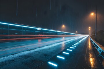 Illuminated highway in the rainy night