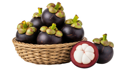 Mangosteen fruits on a woven bowl, white background isolated