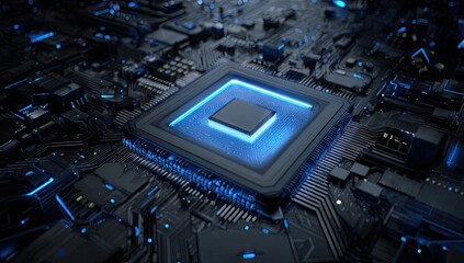 Close-up of a central processing unit, lit in blue, atop a complex circuit board
