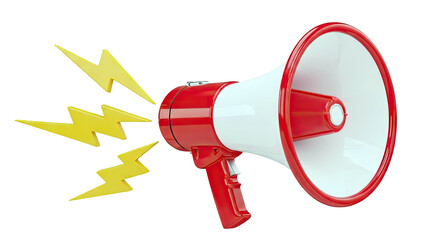 Red and white megaphone with yellow lightning bolts