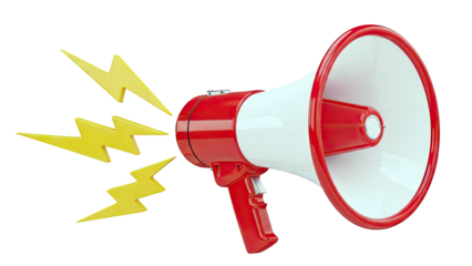 Red and white megaphone with yellow lightning bolts