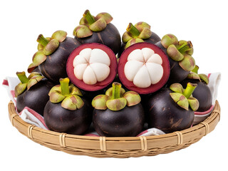 Mangosteen fruits on a woven bowl, white background isolated