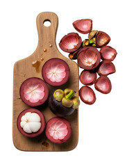 Top view mangosteen fruits on a cutting board, white background isolated