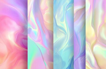 Collection of abstract iridescent fluid textures, wavy designs. A colorful, flowing, and reflective display