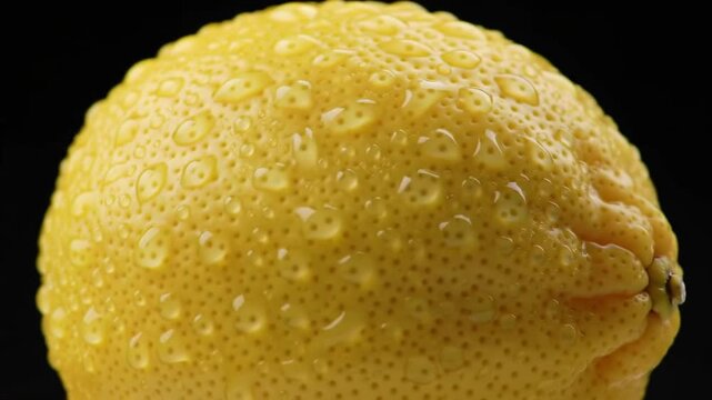 Close-up of a fresh yellow lemon with water droplets against a dark background.