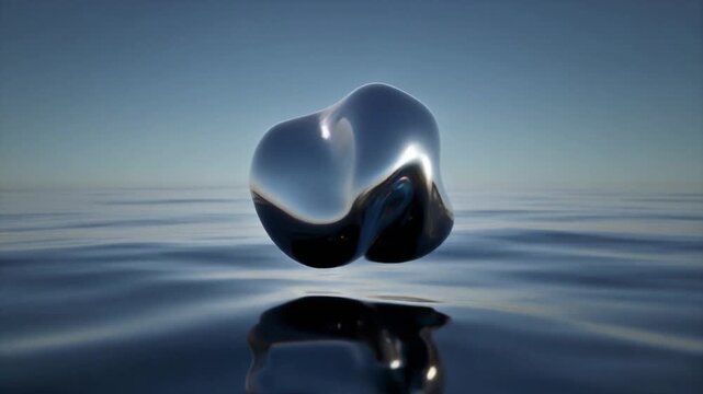 A metallic object floats on calm water with a reflection, creating a sense of serenity and modernity in a peaceful blue environment.