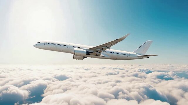 Long Side View of White Airbus A350 Commercial Jetliner Over Cloudscape. Bright Sunny Day Aviation Background. Modern Wide-Body Passenger Airplane Flying Above Clouds for Travel Design.