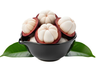 Mangosteen fruits on a black bowl, white background isolated
