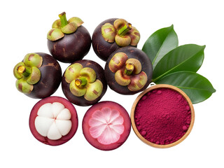 Top view mangosteen fruit with powder and leaves, white background isolated
