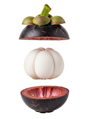 A single mangosteen fruit with skin, isolated on a pure white seamless background