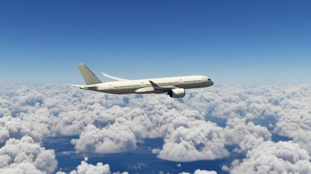 Generic White Passenger Airplane Airbus A350 Soaring Above Fluffy Clouds Side Profile. Concept of Air Travel, Global Connectivity, and Modern Aviation. Wide-Body Aircraft in Blue Sky.
