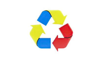 Three-dimensional recycling symbol with blue, yellow, and red arrows