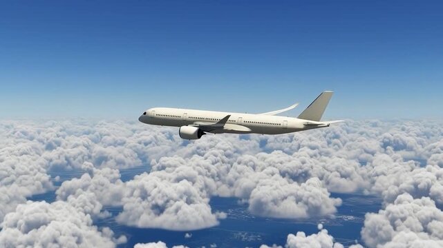 Side View Profile of White Airbus A350 Wide-body Jetliner Flying Over Thick White Clouds. Commercial Passenger Plane in Flight Mockup. Aviation Industry and Global Transportation Concept.