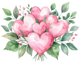 Untitled design - Watercolor Bouquet of Pink Heart Shapes With Green Leaves, Romantic Clipart, Isolated on Transparent Background (2)