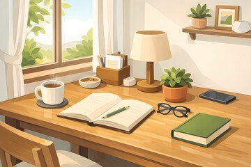 Illustration of a calm, organized workspace with notebook, book, and coffee, symbolizing environment design that supports focus, habits, and action without relying on willpower.